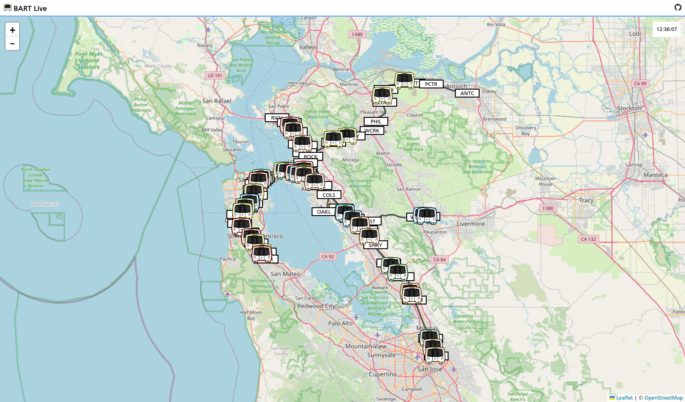 Screenshot of BART Live, showing real-time map of Bay Area Rapid Transit trains.
