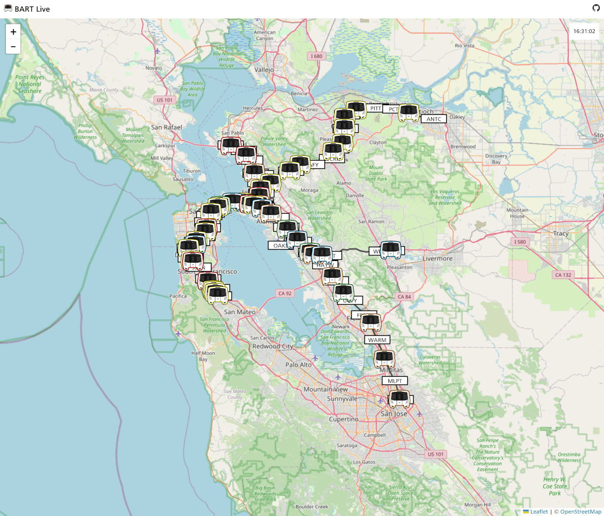 Screenshot of BART Live, showing real-time map of Bay Area Rapid Transit trains.