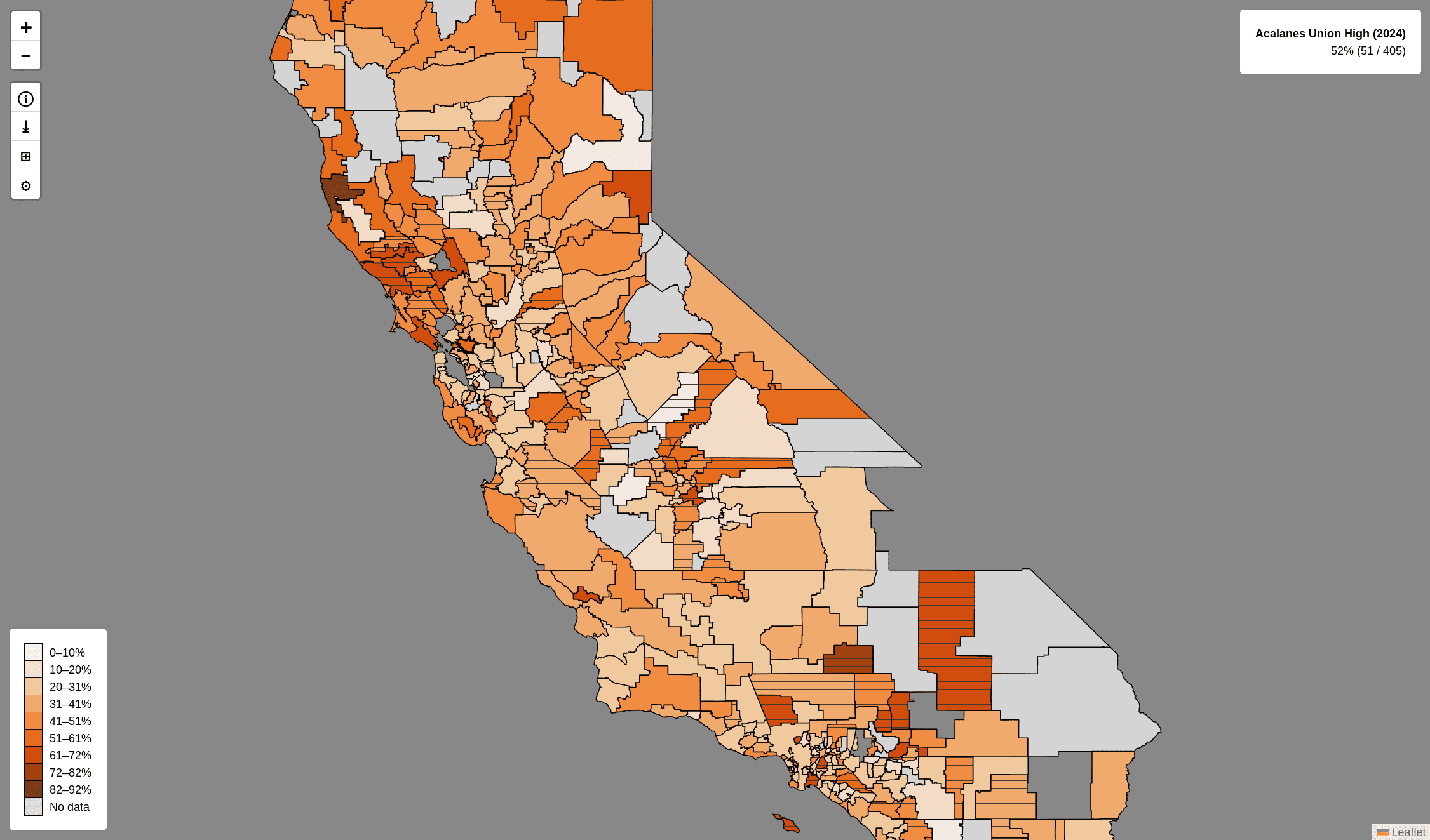 Screenshot of CA AOD map, displaying student drug use data across California school districts.