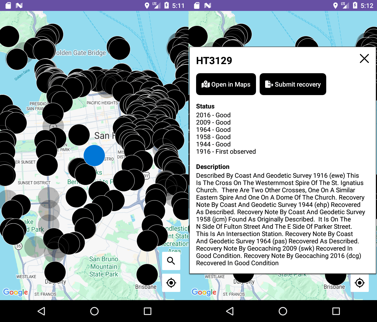 Screenshots showing map and marker details in GeoMarks app.