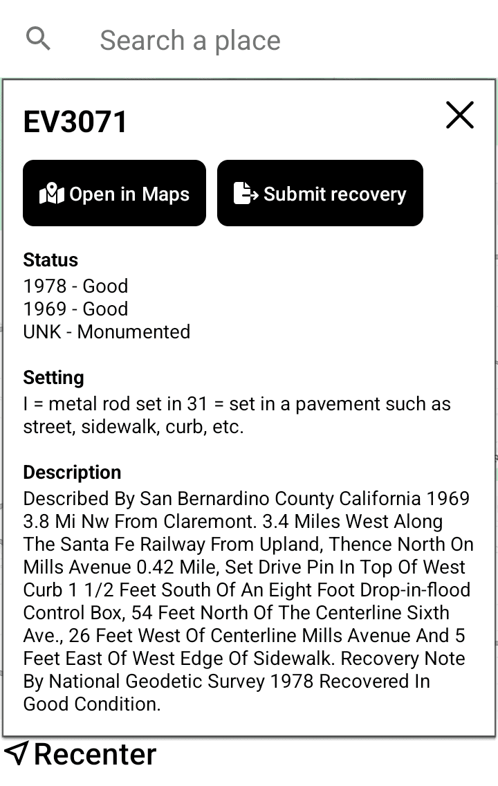 Screenshot of details view of survey marker in app.