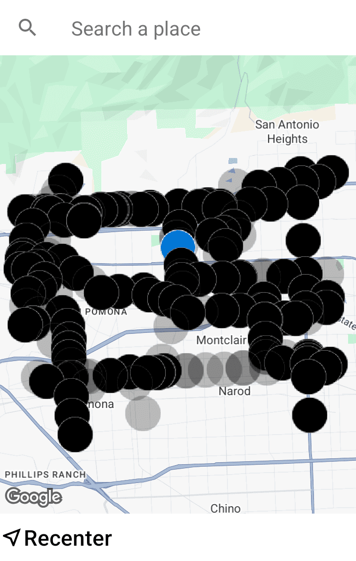 Screenshot of survey markers app, centered on Claremont, CA.