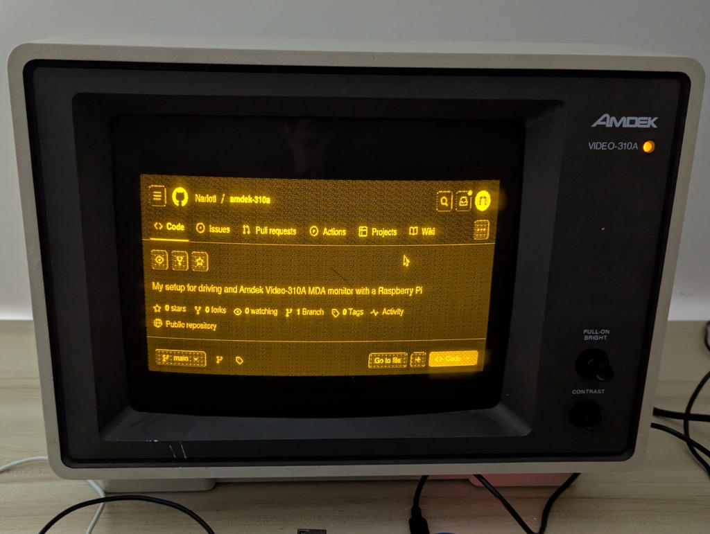 Picture of my Amdek Video-310A monitor displaying the GitHub page for the my setup of it.